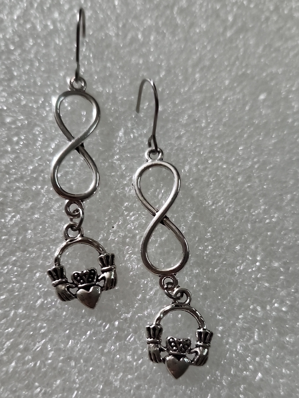 Hand Crafted Silver Infinity Claddagh Drop Earrings